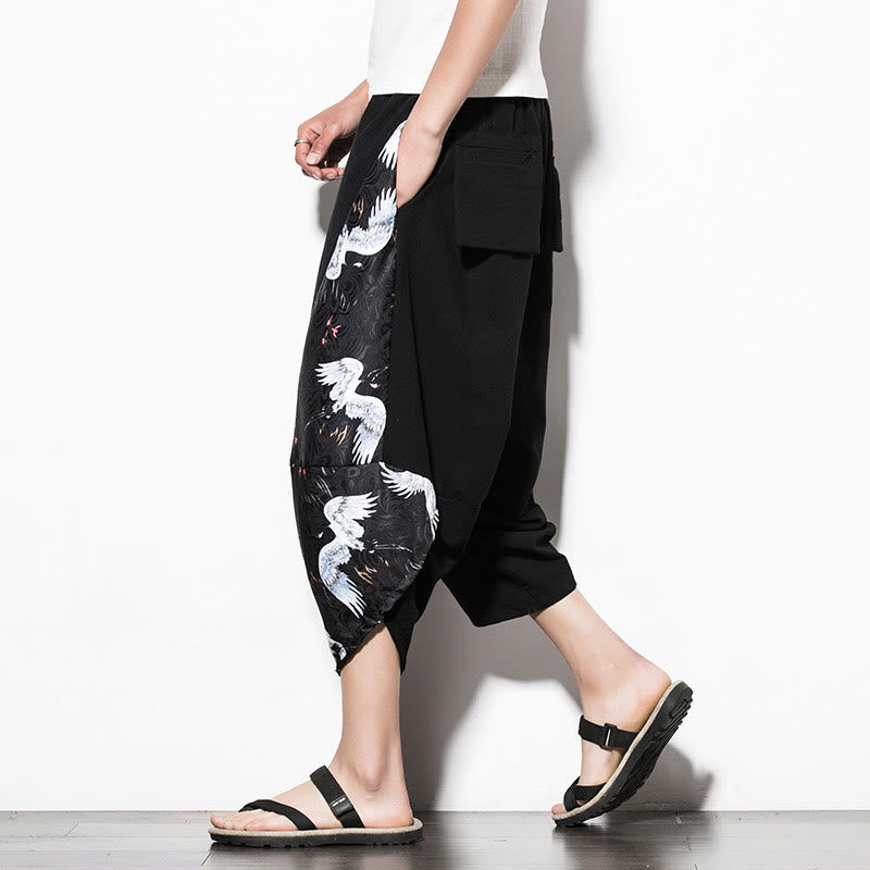 Buddha Stones – Kurze Haremshose aus Baumwolle mit weißem Kranich-Print und Taschen für Herren - image 5
