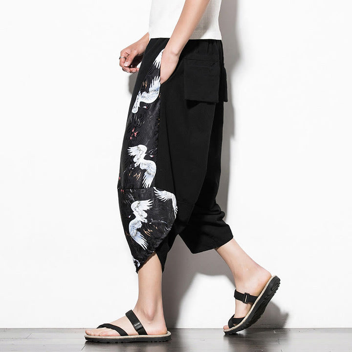 Buddha Stones – Kurze Haremshose aus Baumwolle mit weißem Kranich-Print und Taschen für Herren - image 5