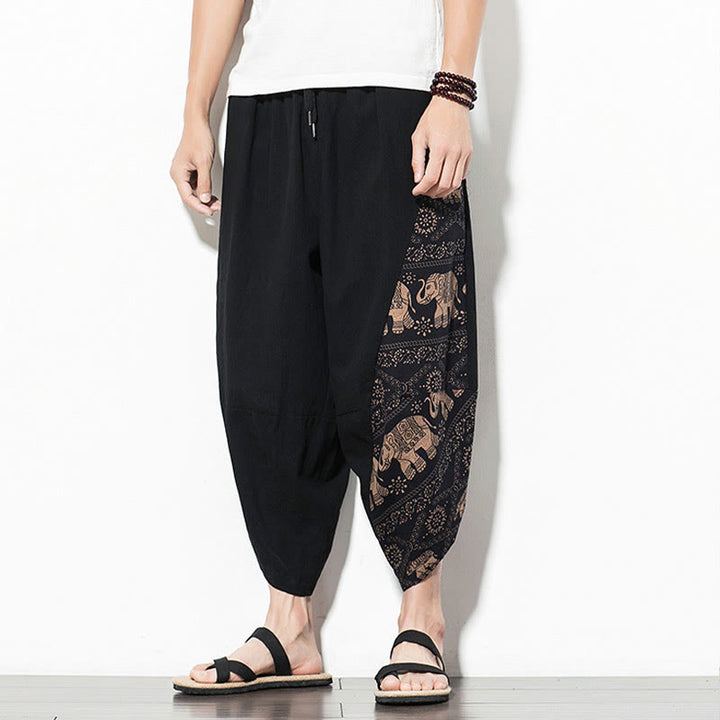 Buddha Stones – Kurze Haremshose aus Baumwolle mit Taschen und Elefanten-Print für Herren, Braun - image 3