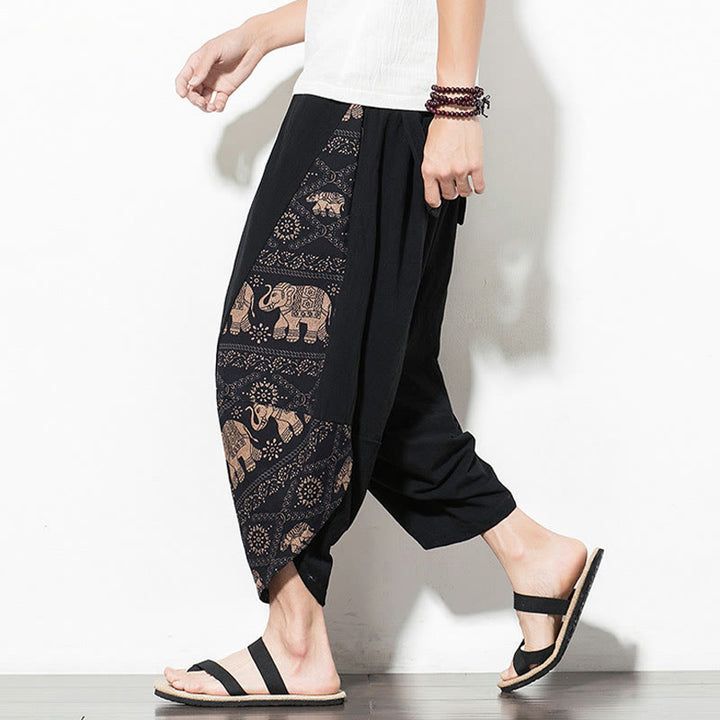 Buddha Stones – Kurze Haremshose aus Baumwolle mit Taschen und Elefanten-Print für Herren, Braun - image 5