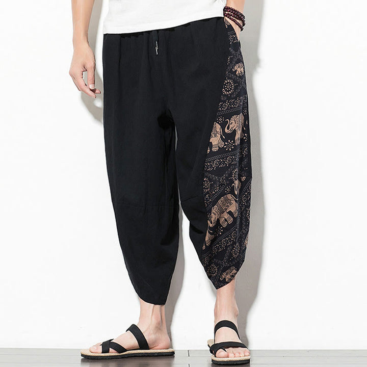 Buddha Stones – Kurze Haremshose aus Baumwolle mit Taschen und Elefanten-Print für Herren, Braun - image 1