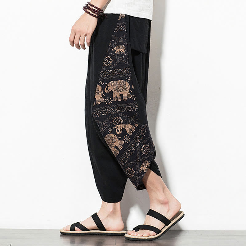 Buddha Stones – Kurze Haremshose aus Baumwolle mit Taschen und Elefanten-Print für Herren, Braun - image 4