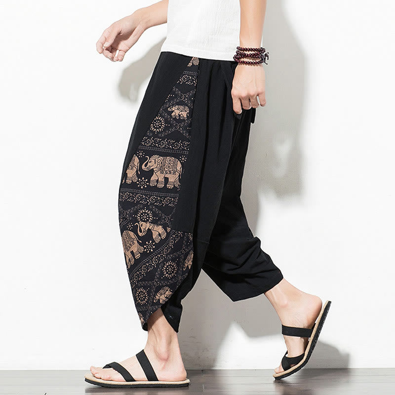 Buddha Stones – Kurze Haremshose aus Baumwolle mit Taschen und Elefanten-Print für Herren, Braun - image 5