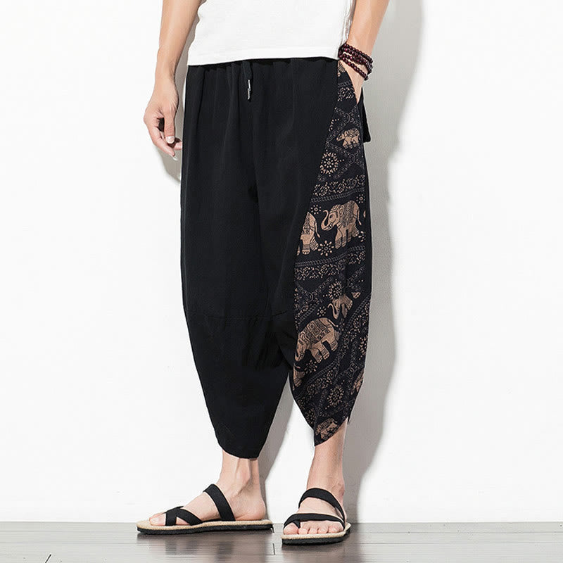 Buddha Stones – Kurze Haremshose aus Baumwolle mit Taschen und Elefanten-Print für Herren, Braun - image 6