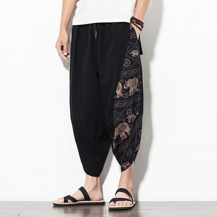 Buddha Stones – Kurze Haremshose aus Baumwolle mit Taschen und Elefanten-Print für Herren, Braun - image 6