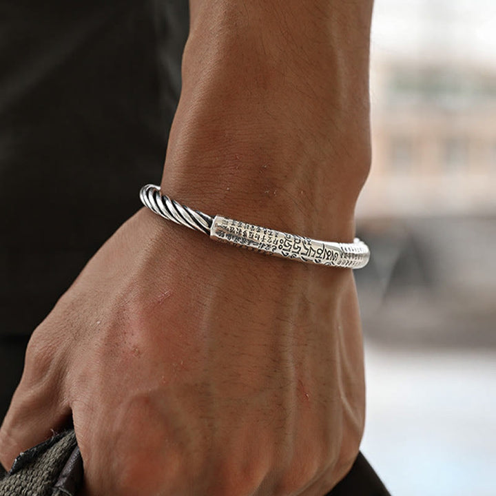 Buddha Stones 999 Sterling Silber Sechs Wahre Worte Herz Sutra Geflochtenes Design Lotus Schutz Armband Armreif
