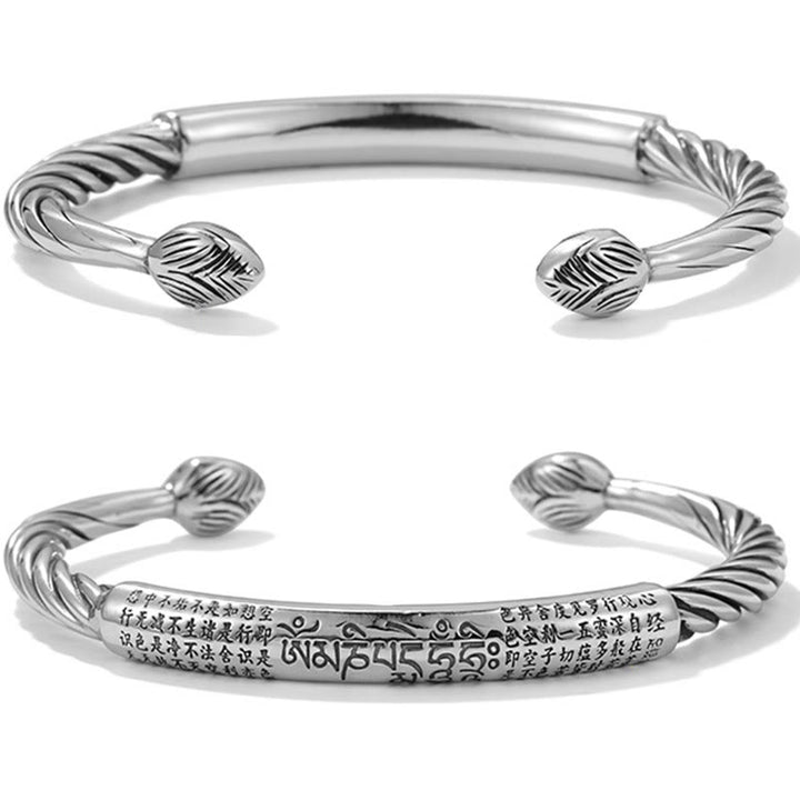 Buddha Stones 999 Sterling Silber Sechs Wahre Worte Herz Sutra Geflochtenes Design Lotus Schutz Armband Armreif