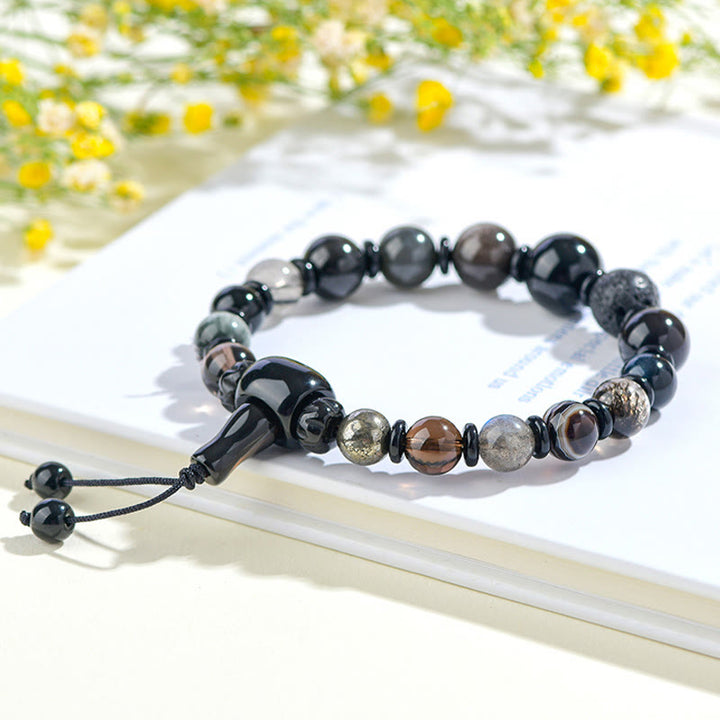 Buddha Stones Fünf Elemente Verschiedene Kristalle Schwarzer Obsidian Reichtum Weisheit Armband