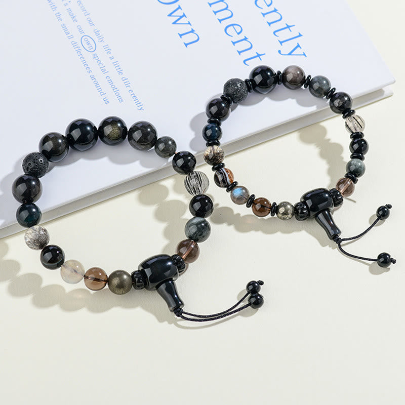 Buddha Stones Fünf Elemente Verschiedene Kristalle Schwarzer Obsidian Reichtum Weisheit Armband