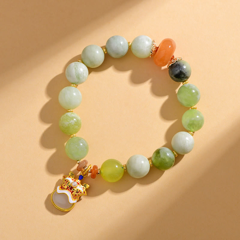 Armband mit Buddha Stones aus natürlicher Jade mit tanzendem Löwen-Charme für Wohlstand und Glück