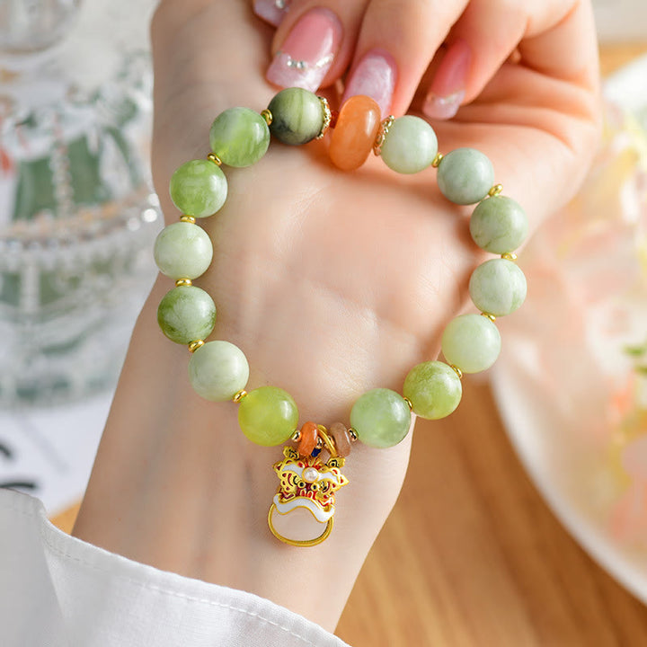 Armband mit Buddha Stones aus natürlicher Jade mit tanzendem Löwen-Charme für Wohlstand und Glück