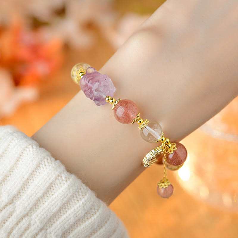 Buddha Stones Armband mit Anhänger aus natürlichem weißem Erdbeerquarzkristall, Heilung der Liebe, neunschwänziger Fuchs und Mond