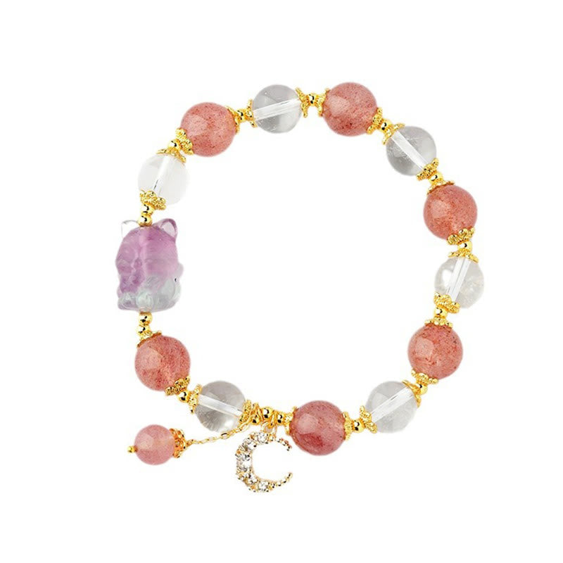 Buddha Stones Armband mit Anhänger aus natürlichem weißem Erdbeerquarzkristall, Heilung der Liebe, neunschwänziger Fuchs und Mond
