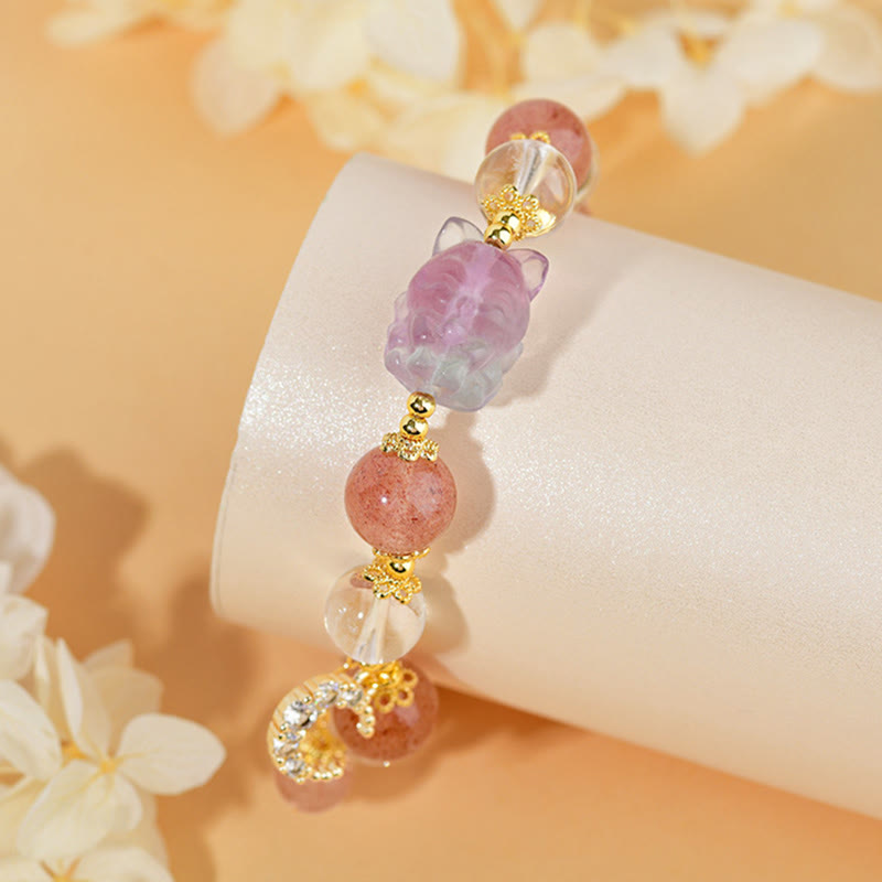 Buddha Stones Armband mit Anhänger aus natürlichem weißem Erdbeerquarzkristall, Heilung der Liebe, neunschwänziger Fuchs und Mond