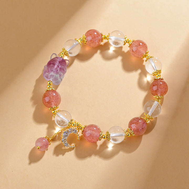 Buddha Stones Armband mit Anhänger aus natürlichem weißem Erdbeerquarzkristall, Heilung der Liebe, neunschwänziger Fuchs und Mond