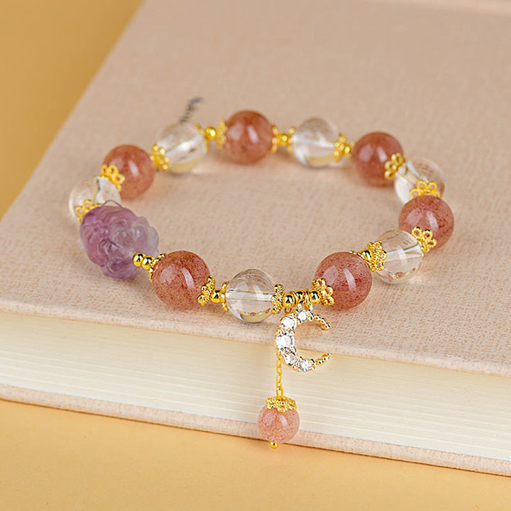 Buddha Stones Armband mit Anhänger aus natürlichem weißem Erdbeerquarzkristall, Heilung der Liebe, neunschwänziger Fuchs und Mond