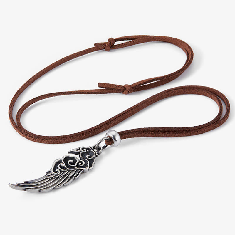 Buddha Stones ​​925 Sterling Silber Glückverheißende Wolken Flügel Baumwollseil Hirschleder Seil Halskette Anhänger - image 1