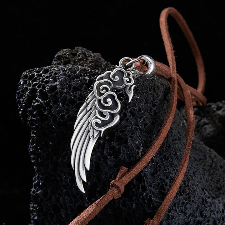 Buddha Stones ​​925 Sterling Silber Glückverheißende Wolken Flügel Baumwollseil Hirschleder Seil Halskette Anhänger - Hirschlederseil - image 0