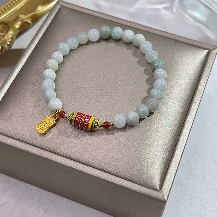 Armband aus tibetischer natürlicher Jade mit Buddha Stones und Gebetsmühle, Reichtum und Wohlstand