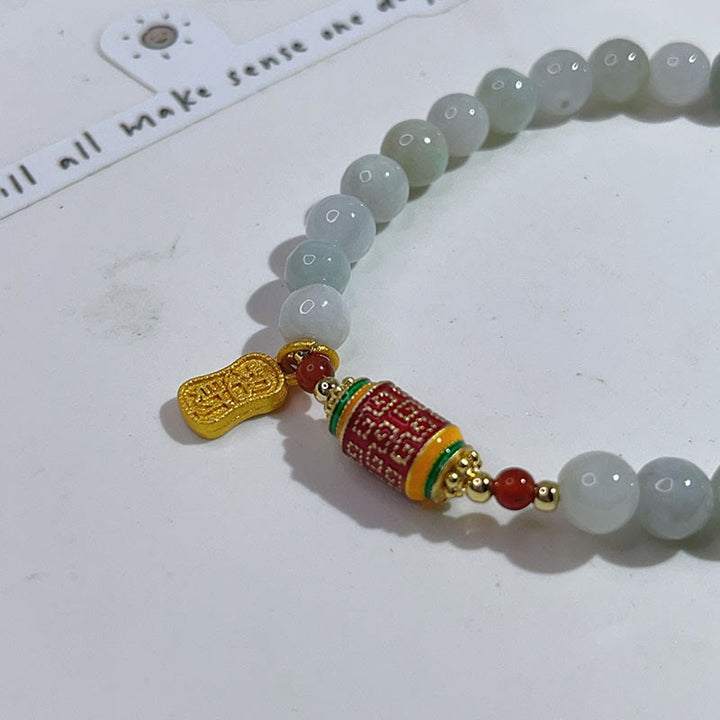 Armband aus tibetischer natürlicher Jade mit Buddha Stones und Gebetsmühle, Reichtum und Wohlstand