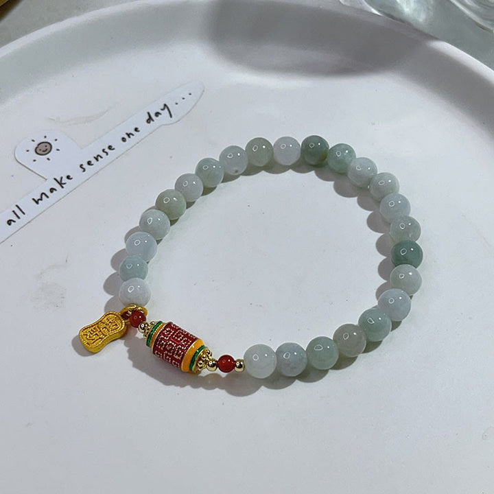 Armband aus tibetischer natürlicher Jade mit Buddha Stones und Gebetsmühle, Reichtum und Wohlstand