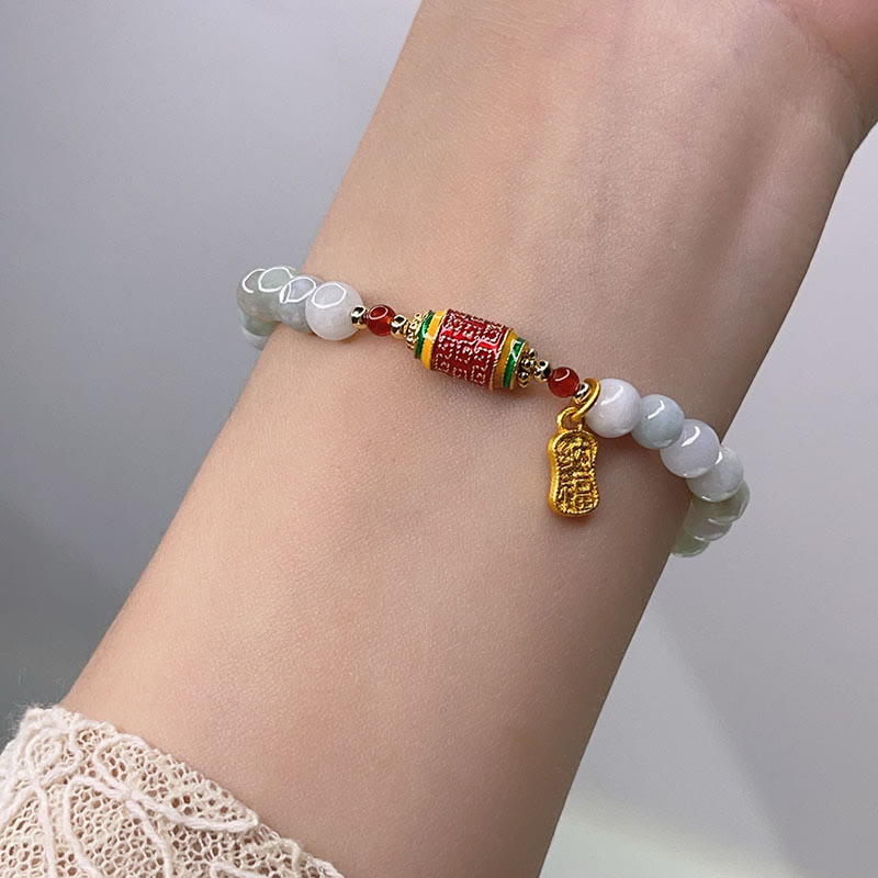 Armband aus tibetischer natürlicher Jade mit Buddha Stones und Gebetsmühle, Reichtum und Wohlstand