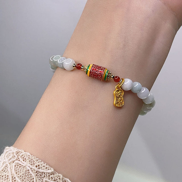 Armband aus tibetischer natürlicher Jade mit Buddha Stones und Gebetsmühle, Reichtum und Wohlstand