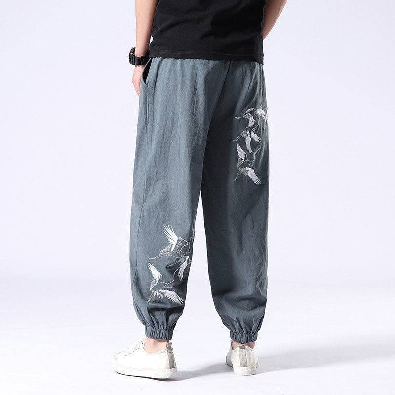 Buddha Stones Weißer Kranich Stickmuster Kordelzug Herren Haremshose mit Taschen - PowderBlue - US/ UK/AU42，EU52 (3XL) - image 1