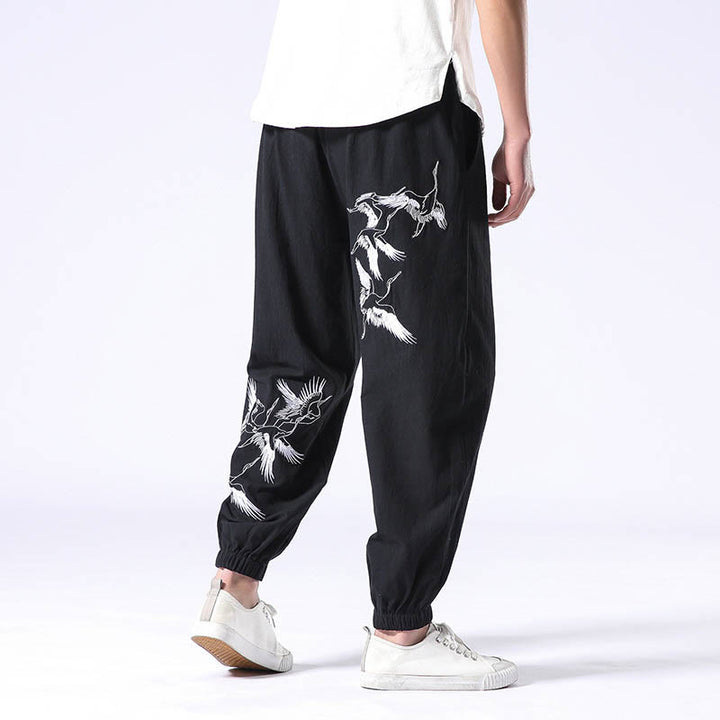 Buddha Stones Weißer Kranich Stickmuster Kordelzug Herren Haremshose mit Taschen - Schwarz - US/ UK/AU42，EU52 (3XL) - image 7
