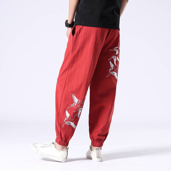Buddha Stones Weißer Kranich Stickmuster Kordelzug Herren Haremshose mit Taschen - Rot - US/ UK/AU42，EU52 (3XL) - image 13