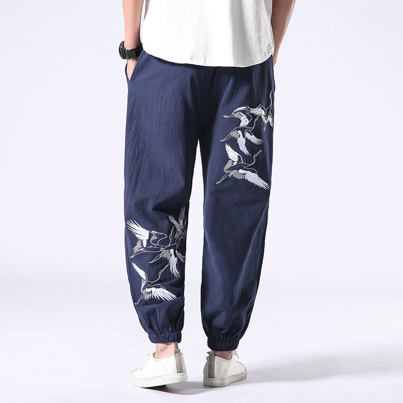 Buddha Stones Weißer Kranich Stickmuster Kordelzug Herren Haremshose mit Taschen - Stahlblau - US/ UK/AU42，EU52 (3XL) - image 23