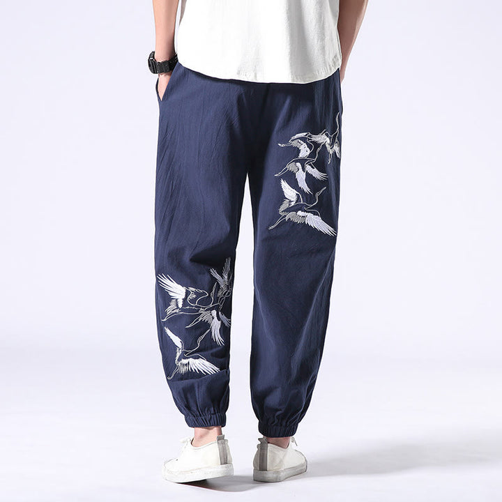 Buddha Stones Weißer Kranich Stickmuster Kordelzug Herren Haremshose mit Taschen - Stahlblau - US/ UK/AU42，EU52 (3XL) - image 23