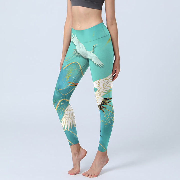 Buddha Stones Mintgrüne Bergkranich-Druck-Fitness-Leggings für Damen, Yogahose