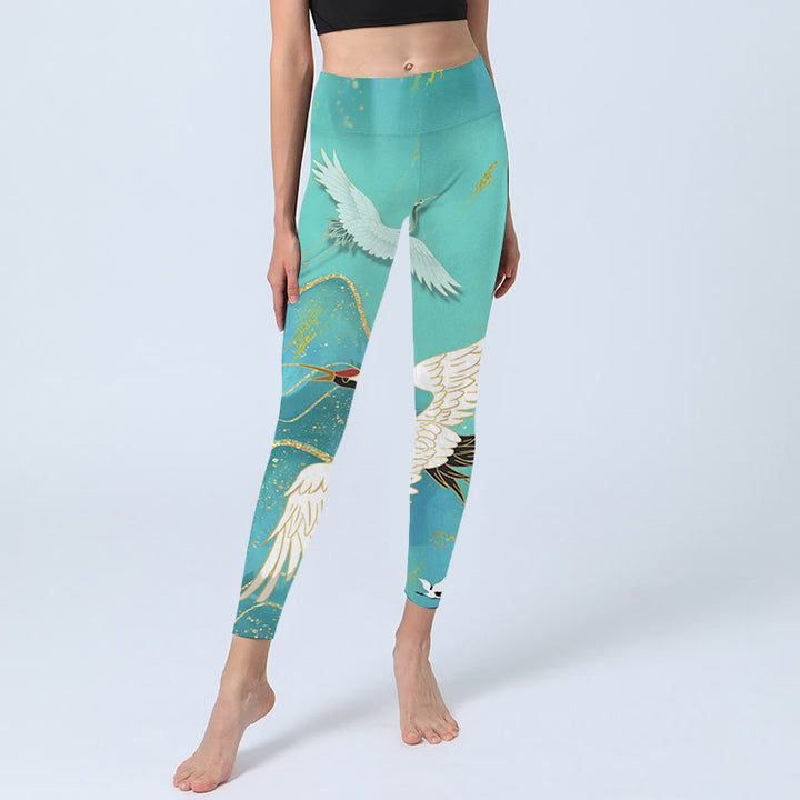 Buddha Stones Mintgrüne Bergkranich-Druck-Fitness-Leggings für Damen, Yogahose