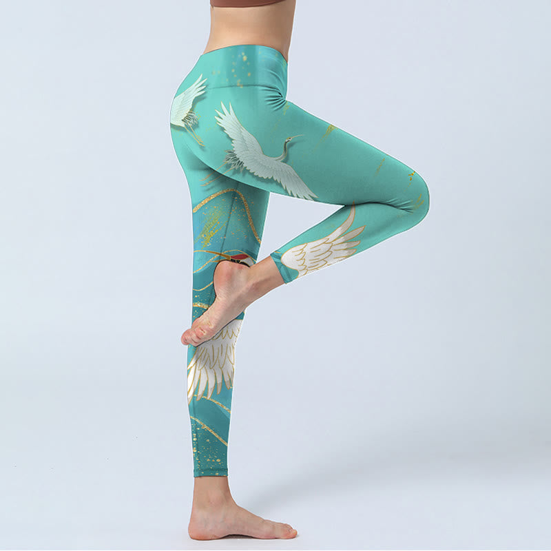 Buddha Stones Mintgrüne Bergkranich-Druck-Fitness-Leggings für Damen, Yogahose