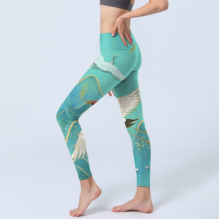 Buddha Stones Mintgrüne Bergkranich-Druck-Fitness-Leggings für Damen, Yogahose