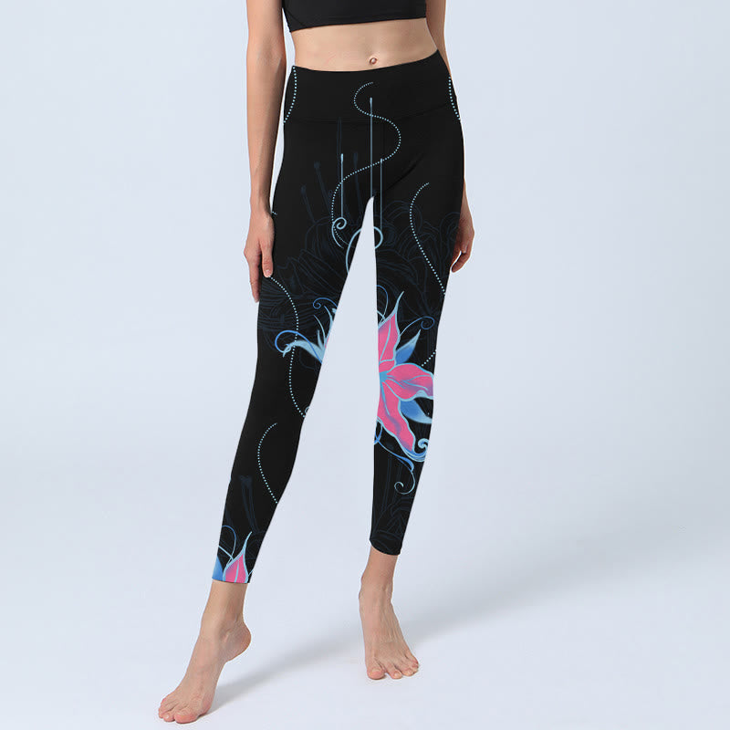 Buddha Stones Schwarz Rosa Blau Blumen Print Fitness Leggings Damen Yogahose