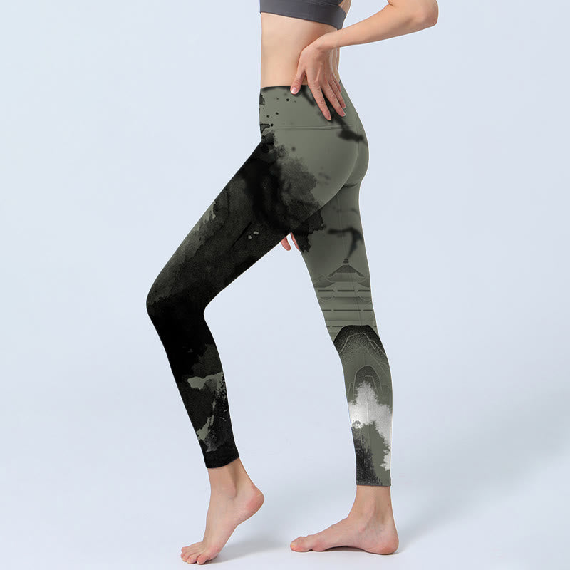 Buddha Stones Tinte Malerei Berg Pavillon Druck Fitness Leggings frauen Yoga Hosen