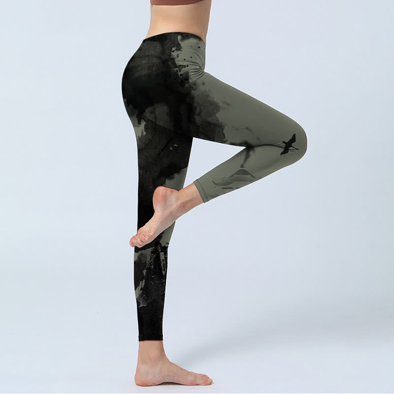 Buddha Stones Tinte Malerei Berg Pavillon Druck Fitness Leggings frauen Yoga Hosen