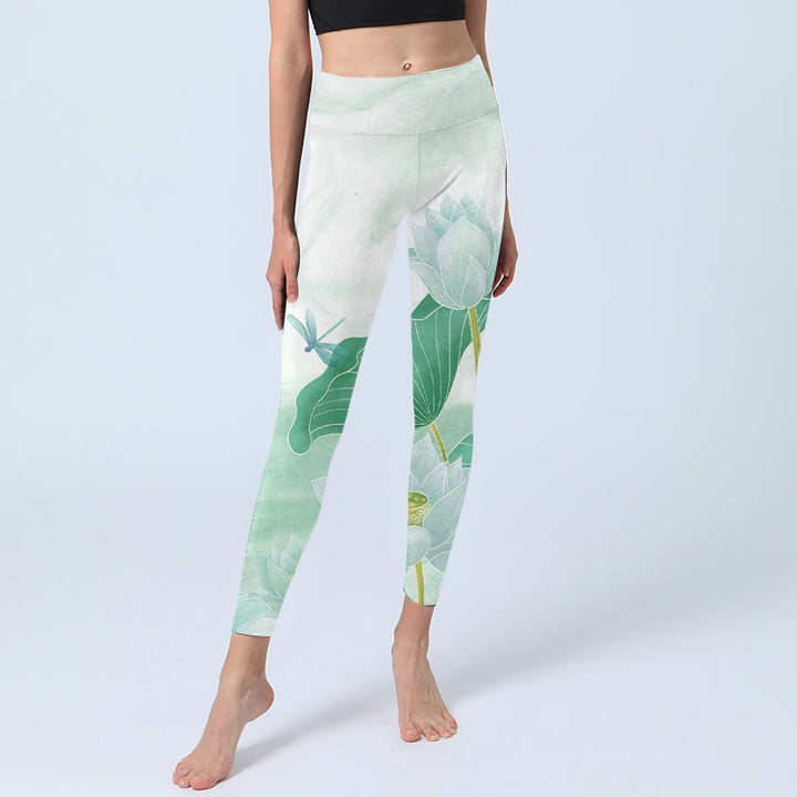 Buddha Stones Mintgrüne Yogahose für Damen mit Lotusblatt-Libellen-Print