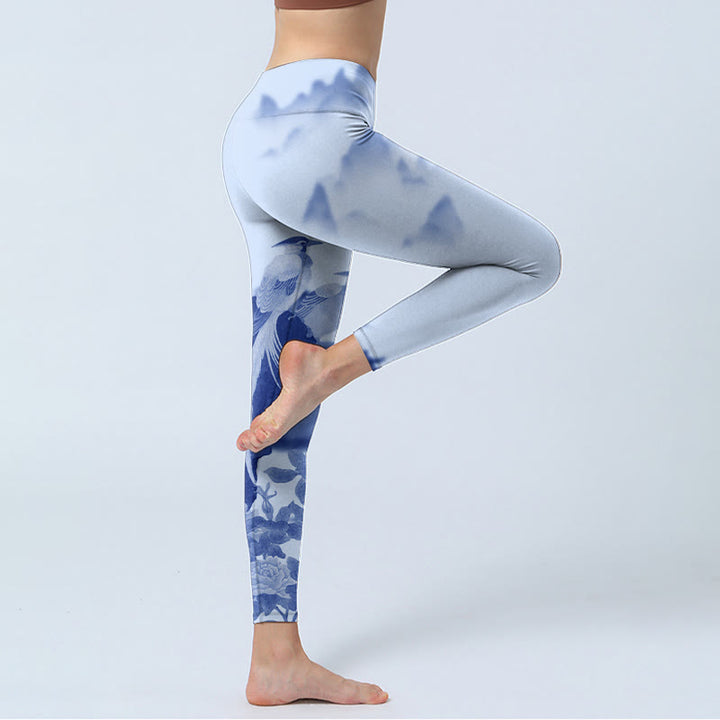 Buddha Stones Blue Bird Pfingstrose Print Sport Leggings Damen Yogahose