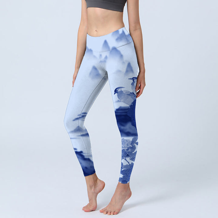 Buddha Stones Blue Bird Pfingstrose Print Sport Leggings Damen Yogahose