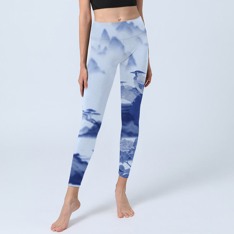 Buddha Stones Blue Bird Pfingstrose Print Sport Leggings Damen Yogahose