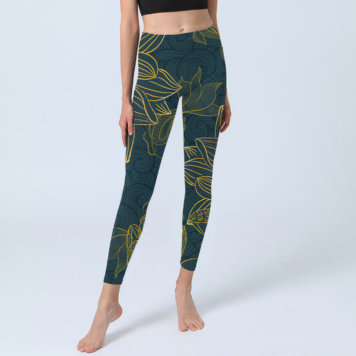 Buddha Stones Grau Golden Koi Fisch Lotus Print Gym Leggings Damen Yoga Hose