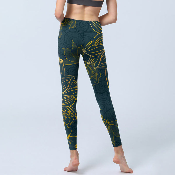 Buddha Stones Grau Golden Koi Fisch Lotus Print Gym Leggings Damen Yoga Hose