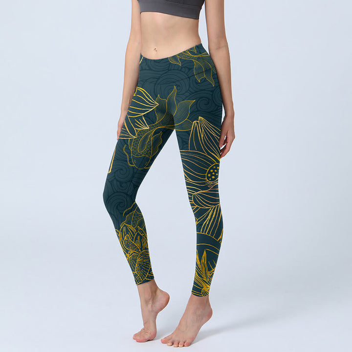 Buddha Stones Grau Golden Koi Fisch Lotus Print Gym Leggings Damen Yoga Hose