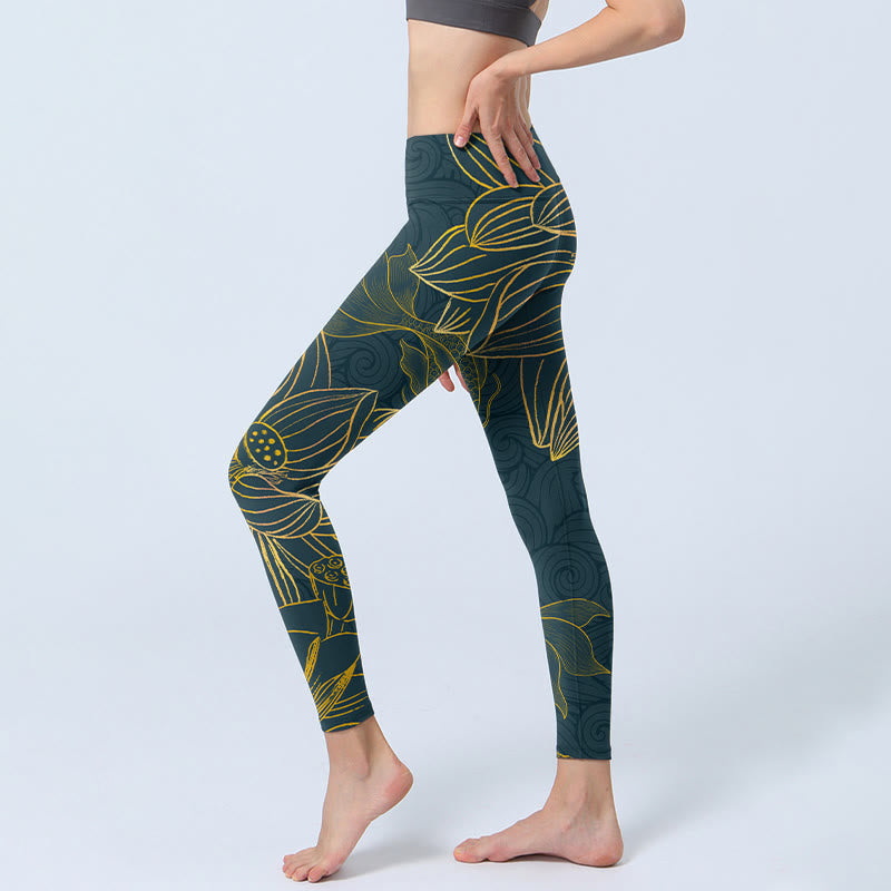 Buddha Stones Grau Golden Koi Fisch Lotus Print Gym Leggings Damen Yoga Hose