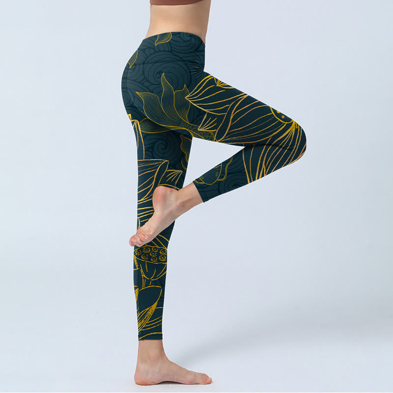 Buddha Stones Grau Golden Koi Fisch Lotus Print Gym Leggings Damen Yoga Hose