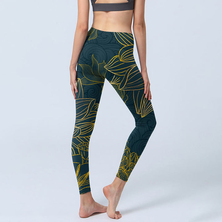 Buddha Stones Grau Golden Koi Fisch Lotus Print Gym Leggings Damen Yoga Hose