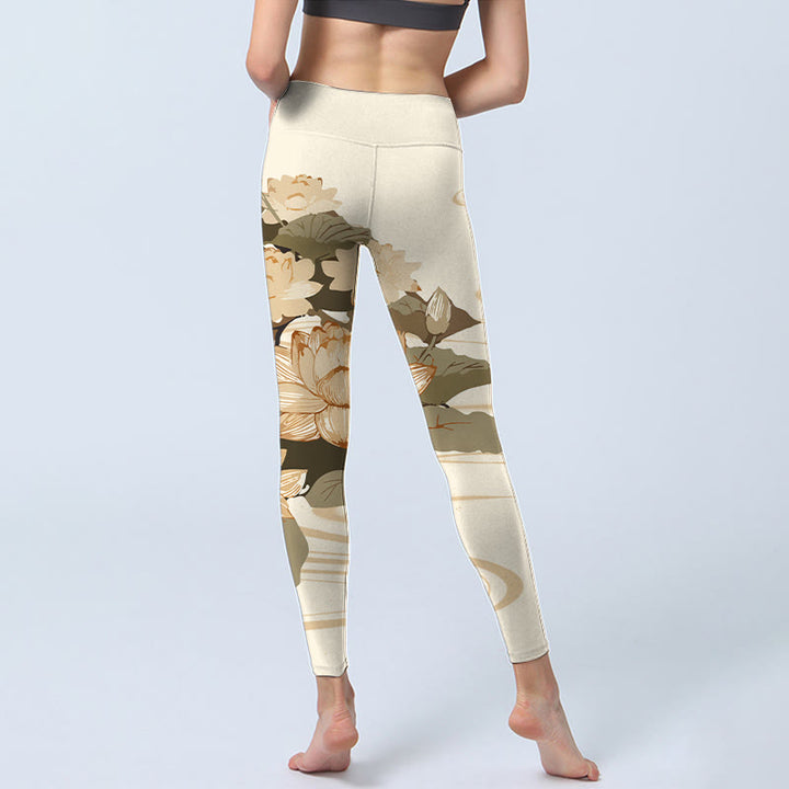 Buddha Stones Beige Lotusblumen-Druck Gym Fitness Leggings Damen Yogahose